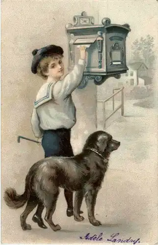 Kind mit Hund und Briefkasten -164200