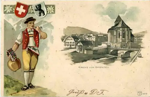 Kirche von Appenzell - Litho Prägekarte -165958