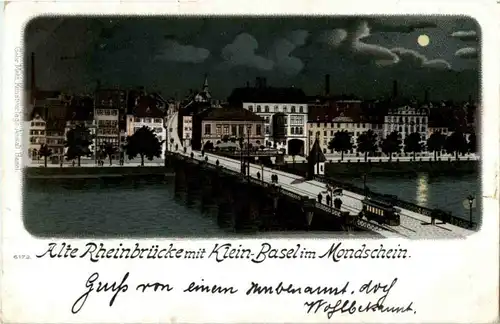 Alte Rheinbrücke Basel Mondschein - Litho -N3042
