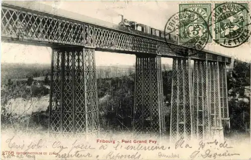 Fribourg - Pont Grand Fey mit Eisenbahn -177286