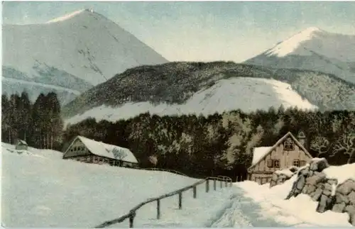 Wolfshau mit Schneekoppe - Riesengebirge - Künstlerkarte Friedrich Iwan -149534