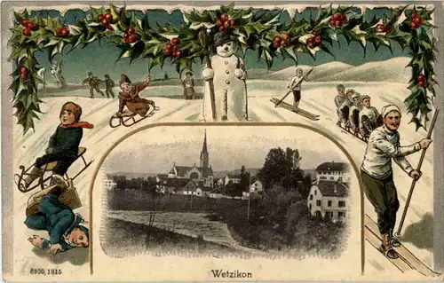 Wetzikon - Skifahren - Litho - Prägekarte -190418