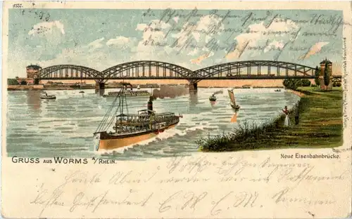 Gruss aus Worms - Neue Eisenbahnbrücke - Litho -88818