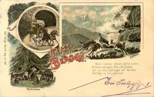 Gruss aus den Bergen - Postkutsche - Litho -N3334