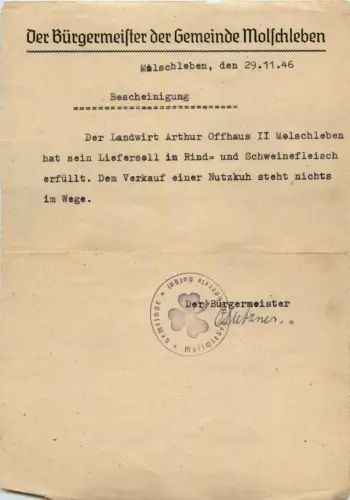 Gotha - Der Bürgermeister der Gemeinde Molschleben - Bescheinigung -301420