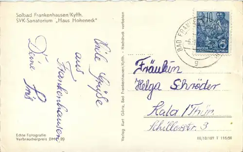 Kyffhäuser/Thür. - Solbad Frankenhausen -SVK-Sanatorium Haus Hoheneck -301928