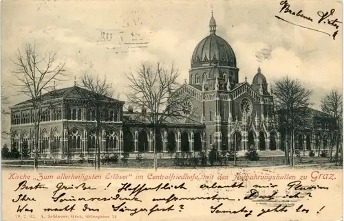 Graz- Kirche Zum allerheiligsten Erlöser im Centralfriedhofe mit den Aufbewhrungshallen -304734