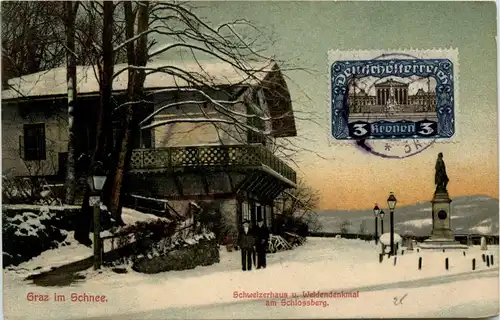 Graz/Steiermark - im Schnee, Schweizerhaus u.Weldendenkmal am Schlossberg -305066