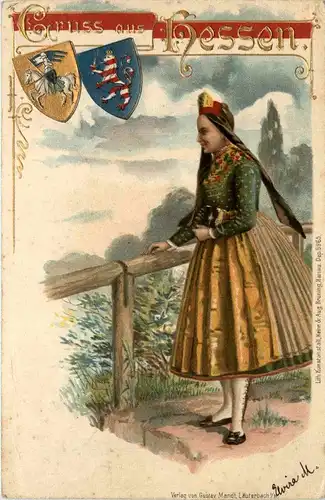 Gruss aus Hessen - Tracht - Litho -259736