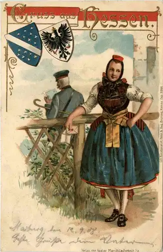 Gruss aus Hessen - Tracht - Litho -259740