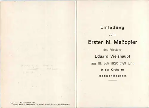 Meckenbeuren - Einladung zum Ersten hl. Messopfer 1920 -269514