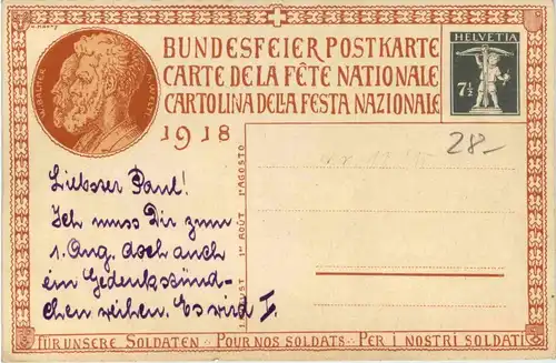 Bundesfeier Postkarte 1918 - Ganzsache -274170