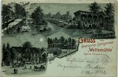 Gruss vom Etablissement Weltemühle Kemnitz bei Dresden - Litho -243342