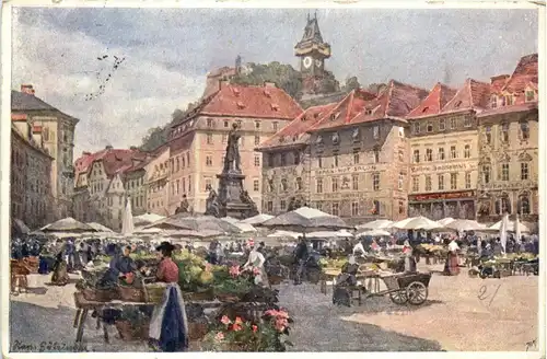 Graz/Steiermark - Graz, Hauptplatz mit Schlossberg - Künstlerkarte -314744