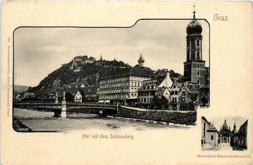 Graz, Mur mit dem Schlossberg und Mausoleum Kaiser Ferdinand II -314840