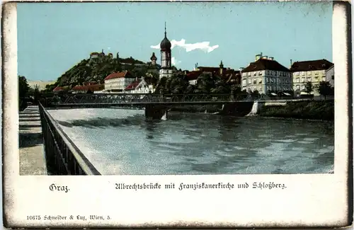 Graz, Ulbrechtsbrücke mit Franziskanerkirche und Schlossberg -314914