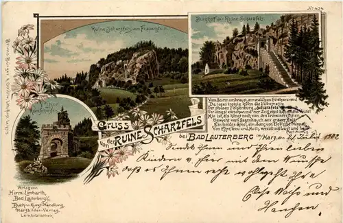 Gruss von der Ruine Scharzfels bei Bad Lauterberg - Litho -236662