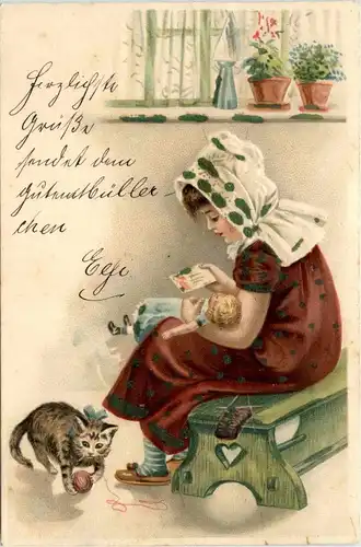 Kind mit Puppe und Katze - Prägekarte -237544