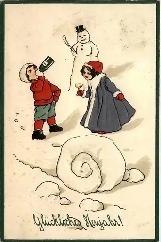 Glückliches Neujahr - Schneemann Kinder Sekt Prägekarte -278630