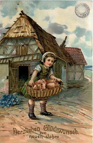 Neujahr - Kind Schweine- Prägekarte -279632