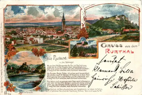 Gruss aus dem Ruhrtal Düren Heimbach Nideggenbrück - Litho -224494