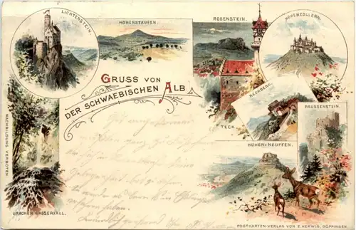 Gruss von der Schwäbischen Alb - Hohenstaufen Rosenstein - Litho -224076