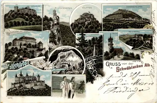 Gruss von der Schwäbischen Alb - Hohenstaufen Teck Achalm - Litho -224074