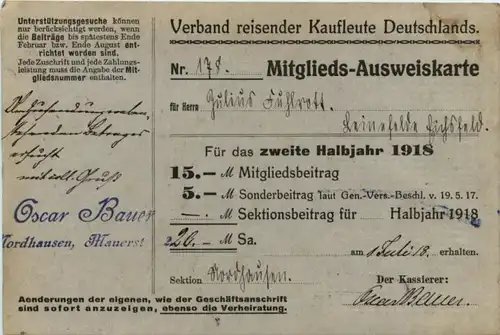 Mitglieds Ausweiskarte - Verband reisender Kaufleute 1918 -226988
