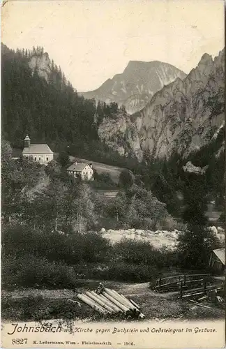 Gesäuse, Johnsbach mit Kirche gegen Buchstein und Oedsteigrat -315266