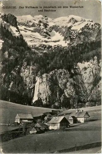 Gesäuse, Der Wollbauer in Johnsbach mit dem Wasserfall und Hochtor -315176