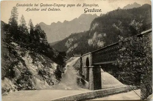 Gesäuse, Ennsbrücke bei Gesäuse-Eingang gegen die Planspitze, -315202