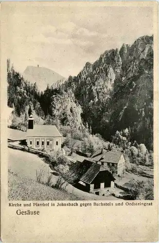 Gesäuse, Kirche und Pfarrhof in Johnsbach gegen Buchstein und Oedsteingrat -315178