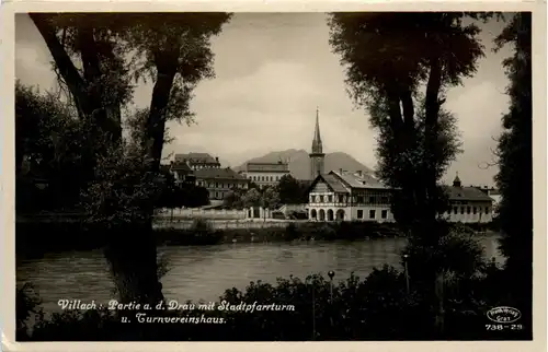 Villach, Partie a.d. Drau mit Stadtpfarrturm und Turnvereinshaus -317650