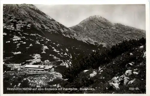 Gesäuse: Hesshütte auf dem Ennseck mit Planspitze -316874