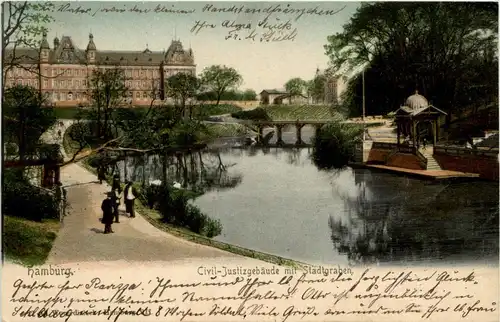 Hamburg, Zivil- Justizgebäude mit Stadtgraben -318982