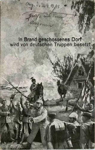 In Brand geschossenes Dorf wird von deutschen Truppen besetzt - Feldpost -287946