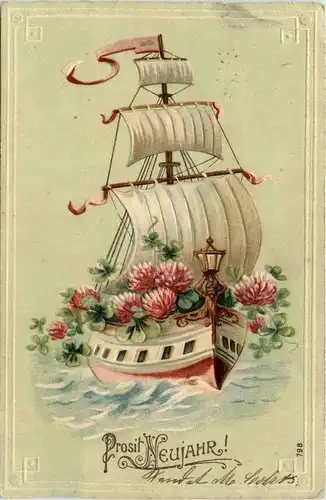 Prosit Neujahr - Schiff Klee Prägekarte -278636