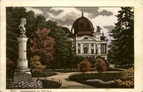 Graz - Schillerdenkmal mit Opernhaus -296544