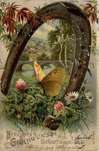 Geburtstag - Schmetterling Hufeisen Prägekarte -405266