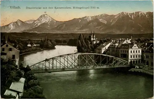 Villach, Draubrücke mit den Karawanken, Mittagskogel -317742
