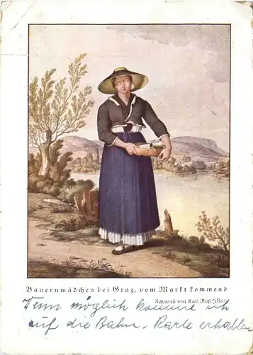 Graz/Steiermark und Umgebung - Bauernmädchen vom Markt kommend, altsteirische Trachtenbilder -337038