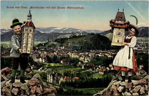 Graz/Steiermark - Gruss aus Graz - Steirer Paar mit den Grazer Wahrzeichen -337582