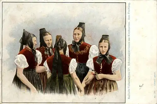 Badische Volkstrachten, Schwarzwälderinnen aus Kirchzarten -340376