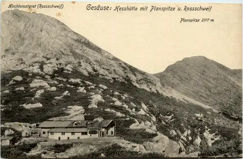 Gesäuse, Hesshütte mit Planspitze und Rossschweif -353594