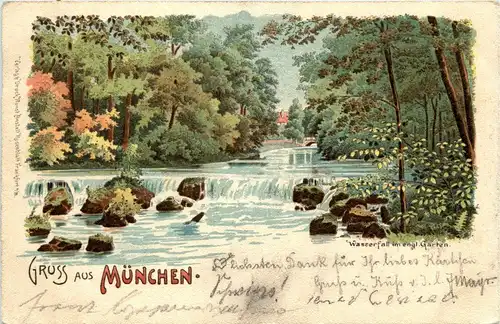 Gruss aus München - Wasserfall im engl. Garten - Litho -72098