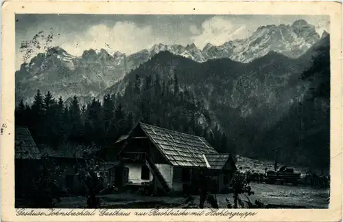 Gesäuse, Johnsbachtal, Gasthaus zur Bachbrücke mit Hochtorgruppe -353590