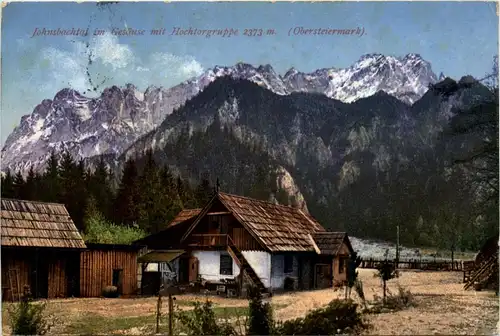 Gesäuse, Johnsbachtal, Gasthaus zur Bachbrücke mit Hochtorgruppe -354810