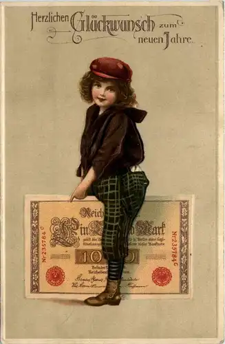 Geldschein auf Ansichtskarte - Neujahr - Prägekarte -424546