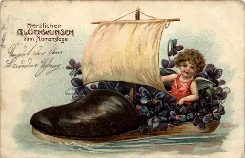 Namenstag - Kind in Schuh - Prägekarte -422372