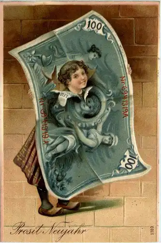 Geldschein auf Ansichtskarte - Neujahr - Prägekarte -424554